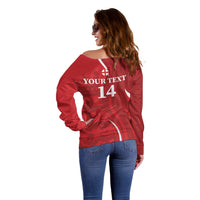 Red off-shoulder sweater with "YOUR TEXT 14" back graphic print