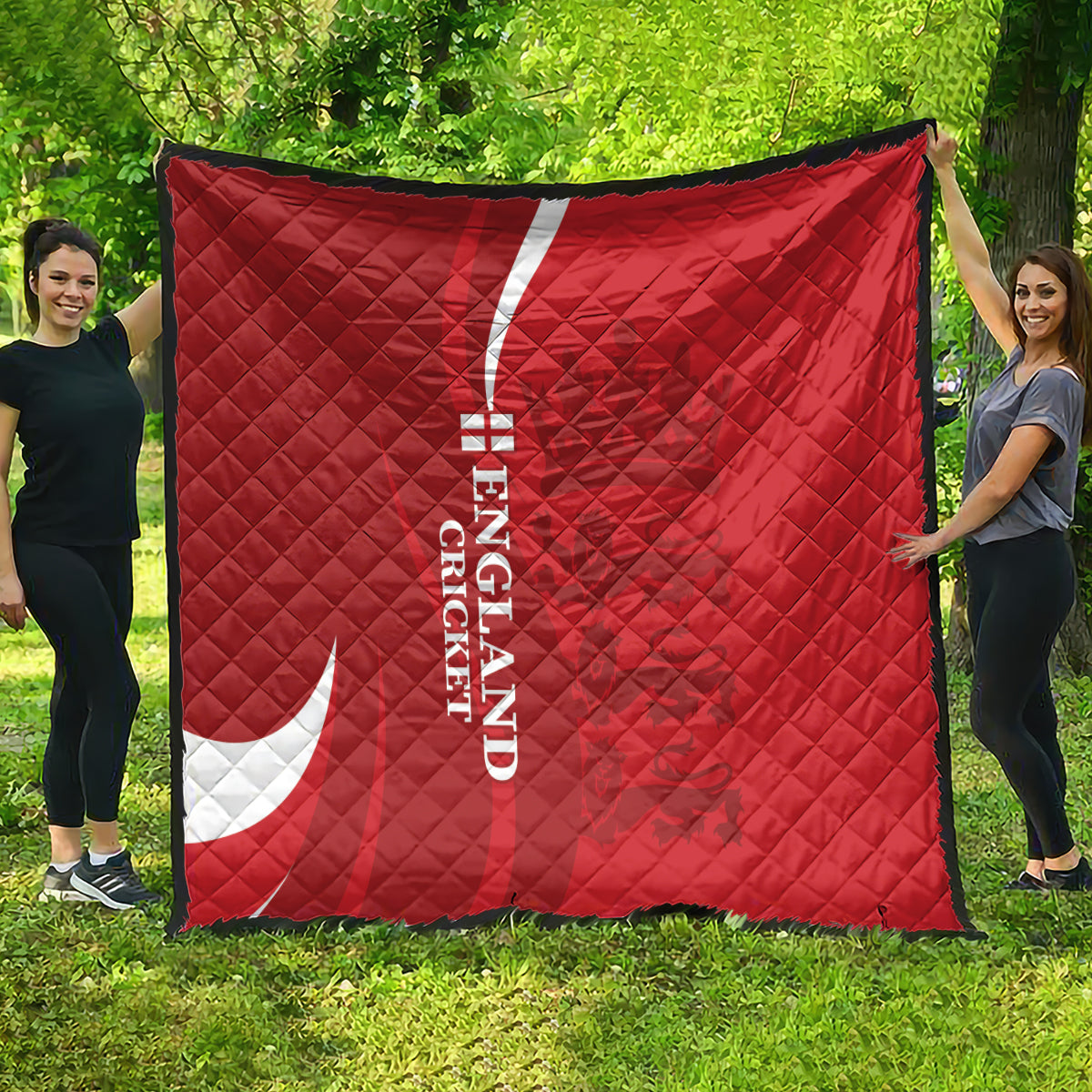 Red England cricket quilt with white crescent and 'ENGLAND CRICKET' text