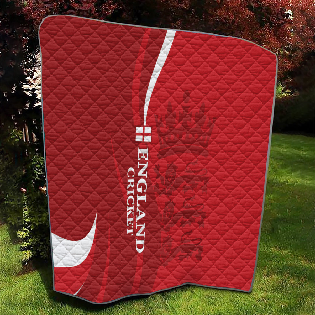 Red England cricket quilt with white crescent and diagonal 'ENGLAND CRICKET' text