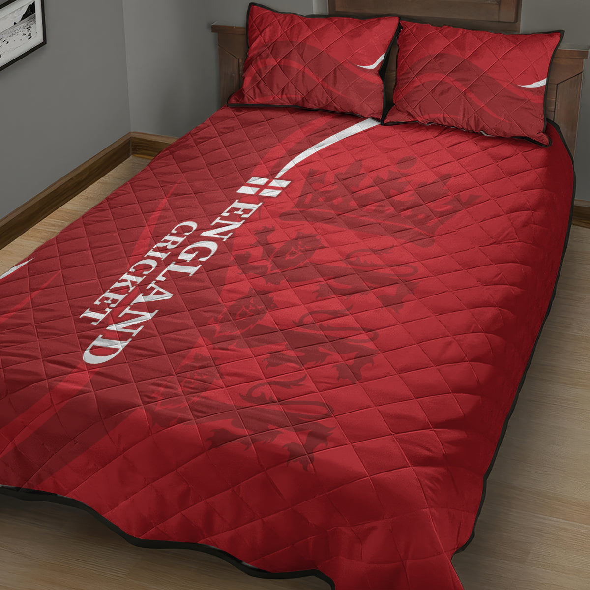 Red diamond-quilt bed set with white England Cricket logo and two decorative pillows