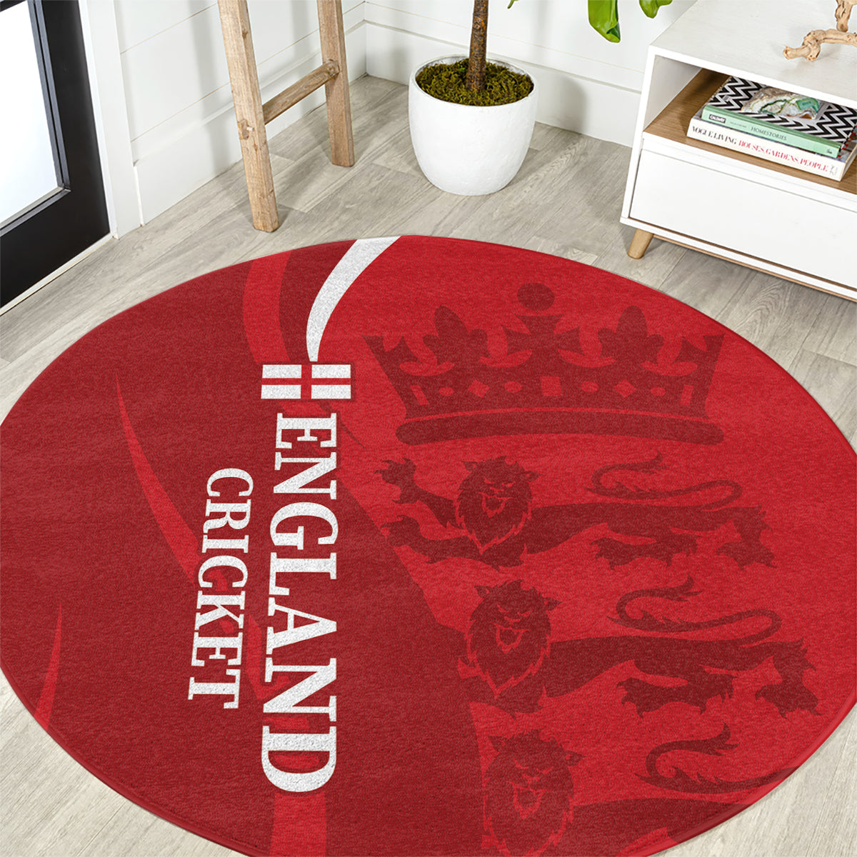 Red round England Cricket World Cup rug with crown and lion pattern, white “ENGLAND” text