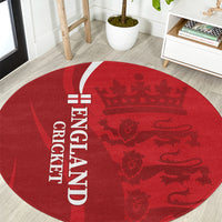 Red round England Cricket World Cup rug with crown and lion pattern, white “ENGLAND” text