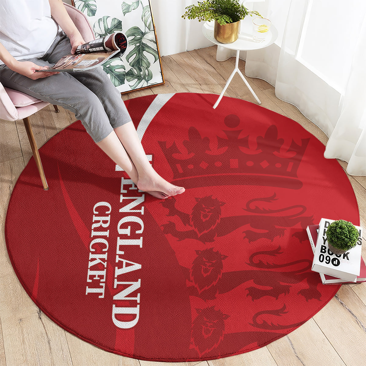 Red round England Cricket World Cup rug with crown and lions graphic, white “CRICKET” text