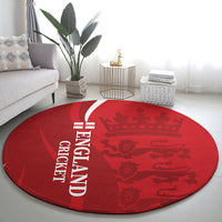 Red round England Cricket World Cup carpet with crown motif and lion pattern, white lettering