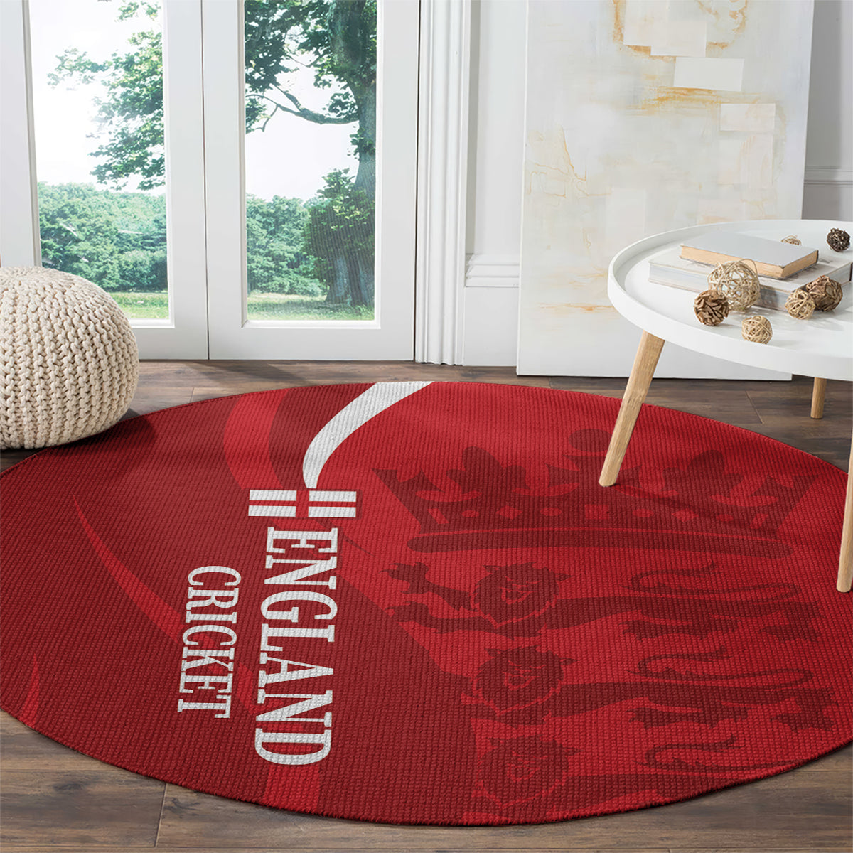 Red oval? no, round England Cricket rug with crown and lion silhouettes, white “ENGLAND”