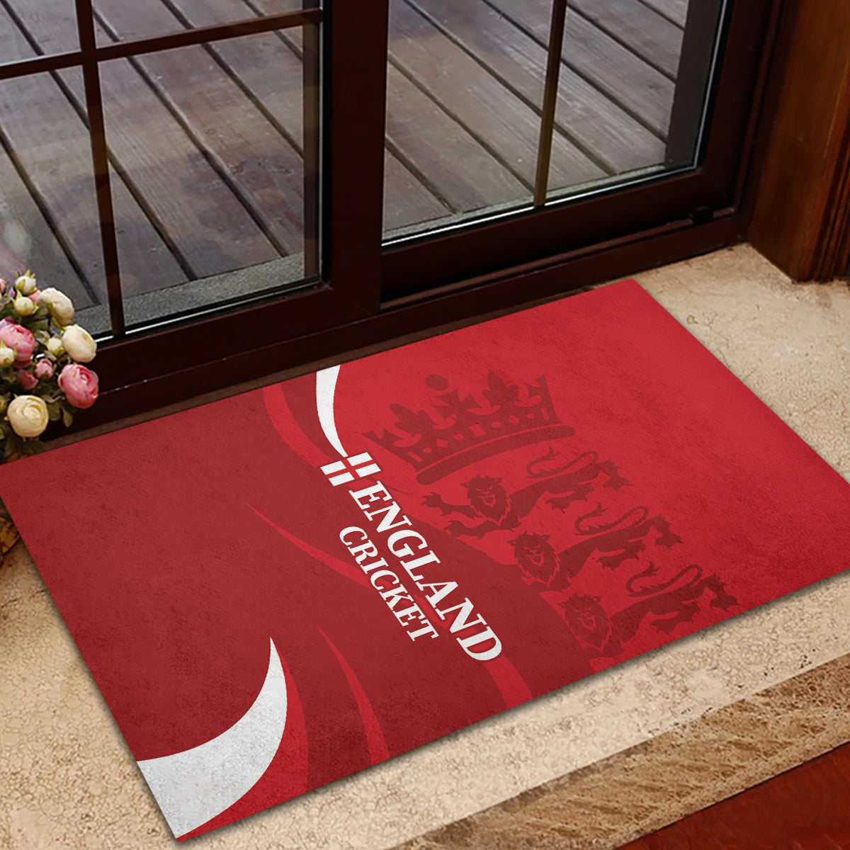 Red rubber doormat on entry step with England Cricket crest design