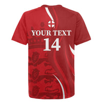 Red cricket rugby jersey, back view with white stripes and 'YOUR TEXT' 14 print