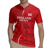 Red cricket rugby jersey on model, front 'ENGLAND CRICKET' logo with white trim