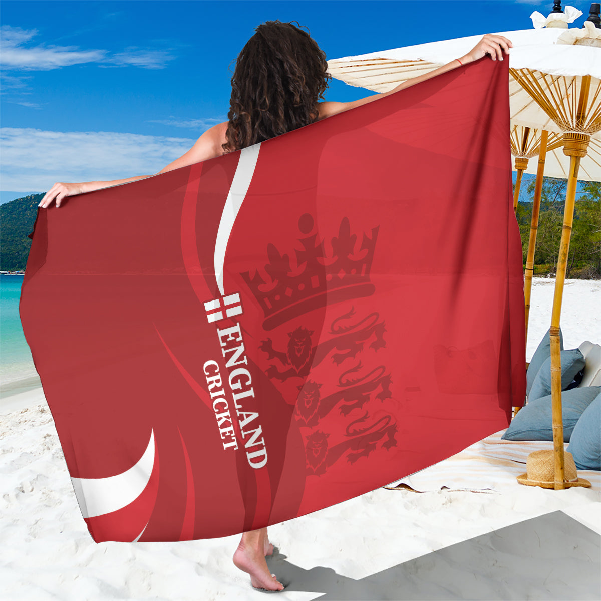 Red cricket sarong with white England crest and text graphic
