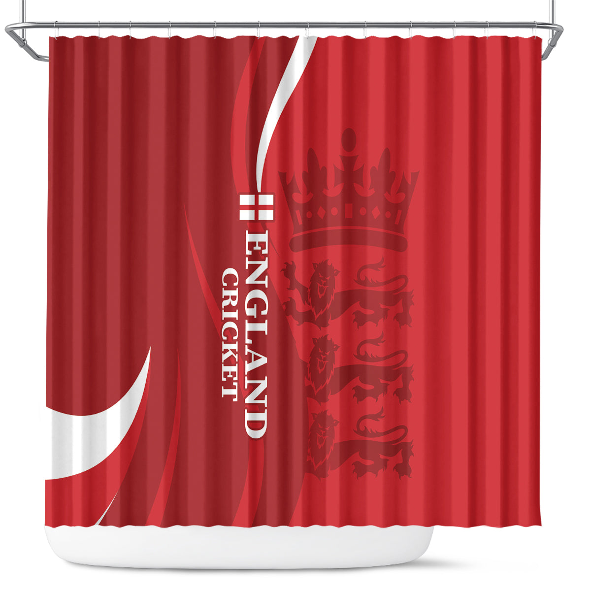 Red shower curtain with England cricket lion crest and large white curved flag shape