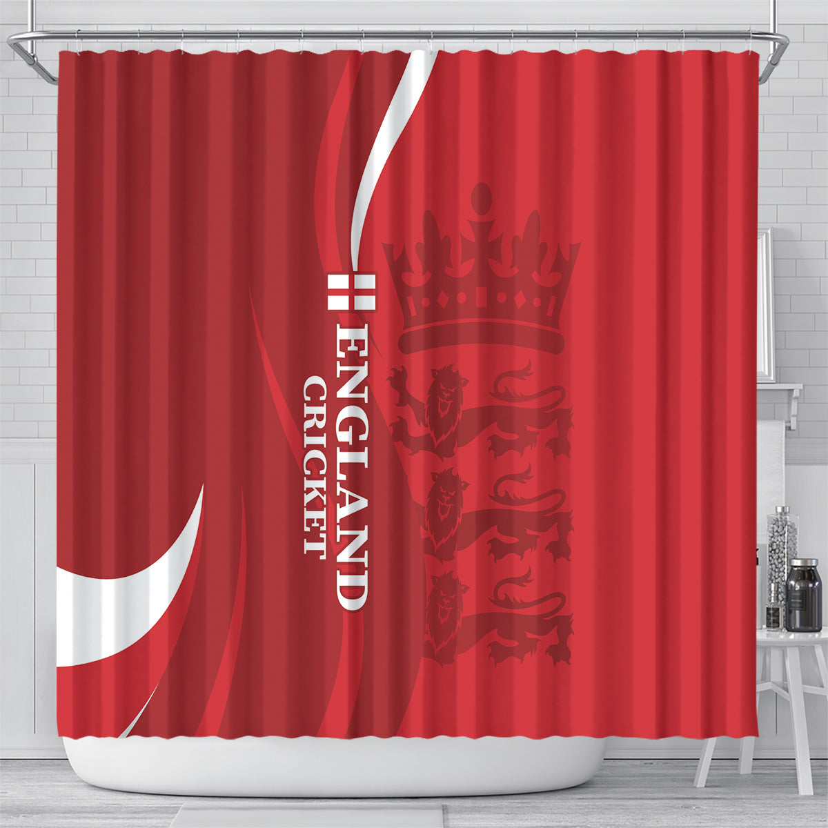 Red England cricket shower curtain with lion crest, vertical text, and top hanging hooks