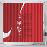 Red England cricket shower curtain with lion crest, vertical text, and top hanging hooks