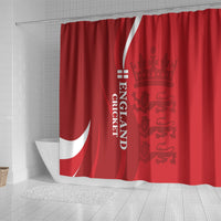 Red shower curtain with England crest, vertical "ENGLAND CRICKET" text, and white flag mark