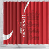 Red shower curtain with England cricket lion emblem, vertical "ENGLAND CRICKET" lettering