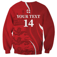 Red sweatshirt back graphic with YOUR TEXT and large 14, long sleeves