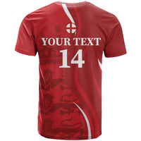 Red cricket T-shirt back with custom text 'YOUR TEXT' and number 14