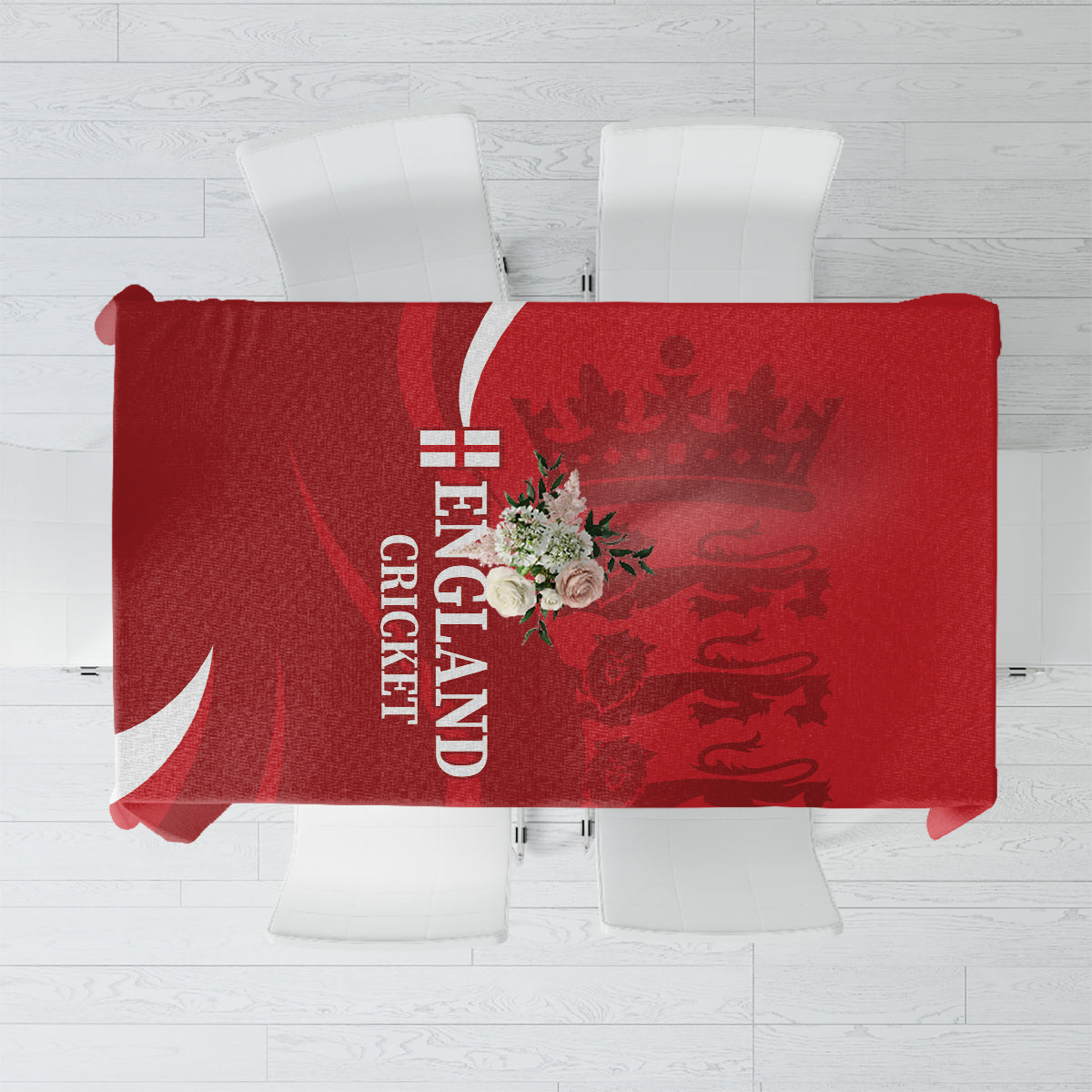 Red tablecloth top view with England cricket logo and crest-like graphic center