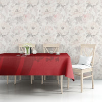 Red England cricket tablecloth on rectangular dining table with floral wall backdrop