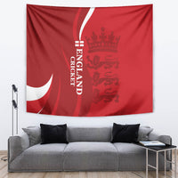 Red England cricket tapestry with crown and lion emblem, vertical ENGLAND wordmark