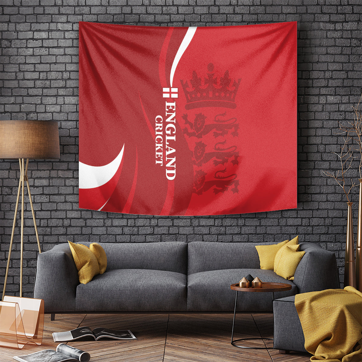 Red England cricket tapestry with white crescent and vertical ENGLAND text