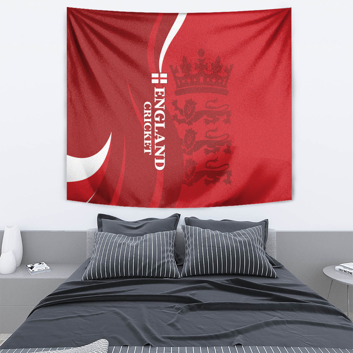 Red England cricket tapestry with lion crest and vertical ENGLAND lettering