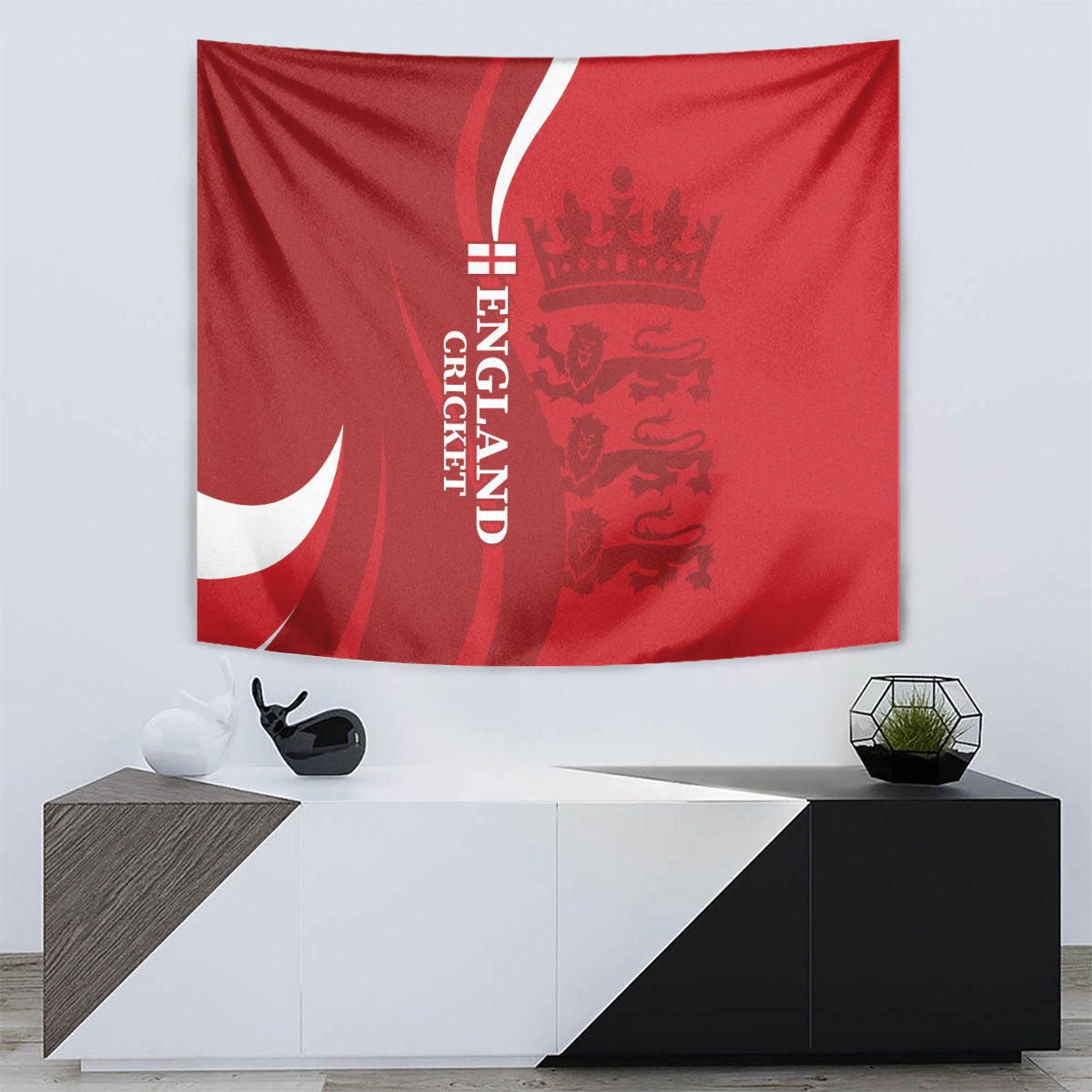 Red England cricket tapestry with white swoosh and vertical ENGLAND text