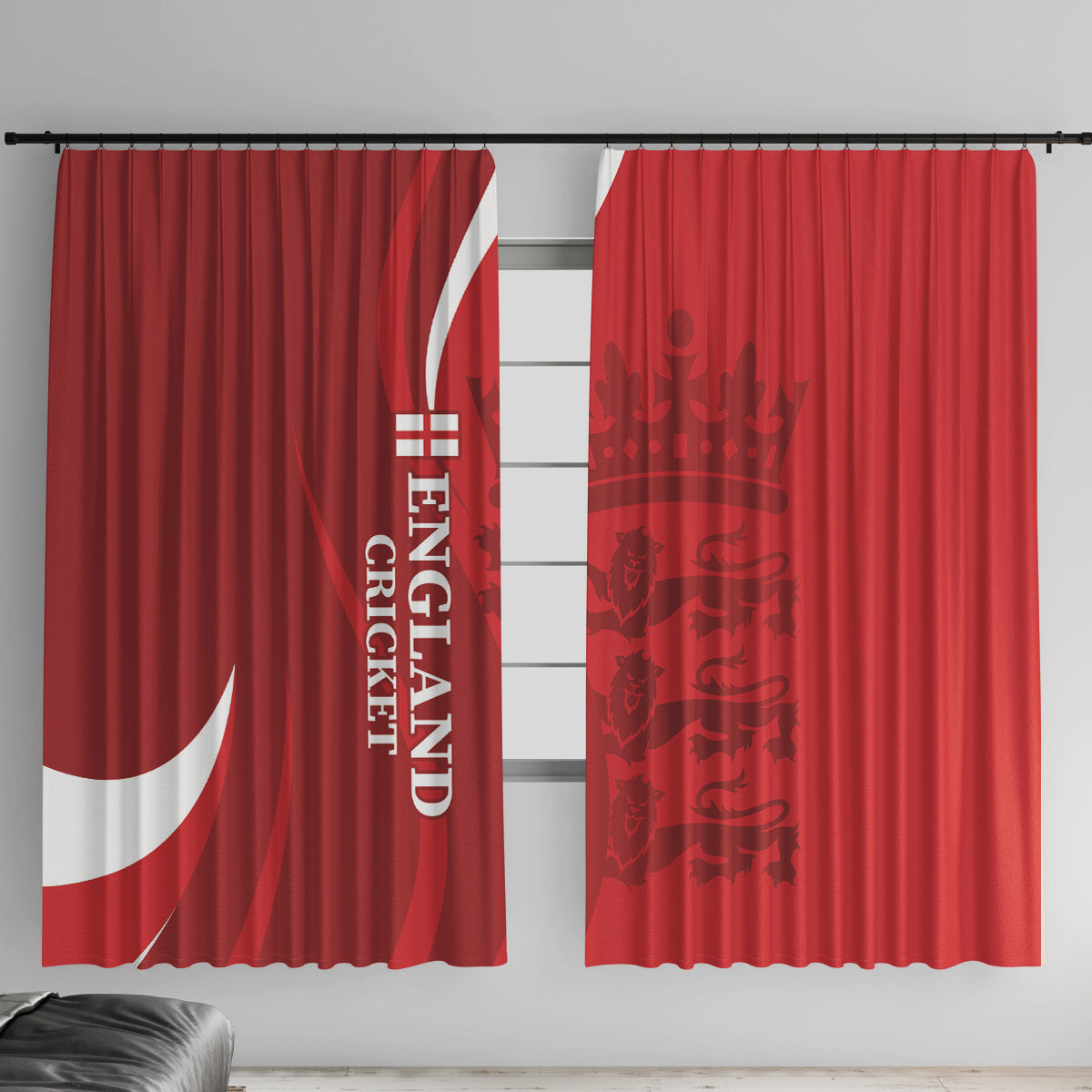 Red England cricket window curtains with white swoosh crest and vertical text on panels