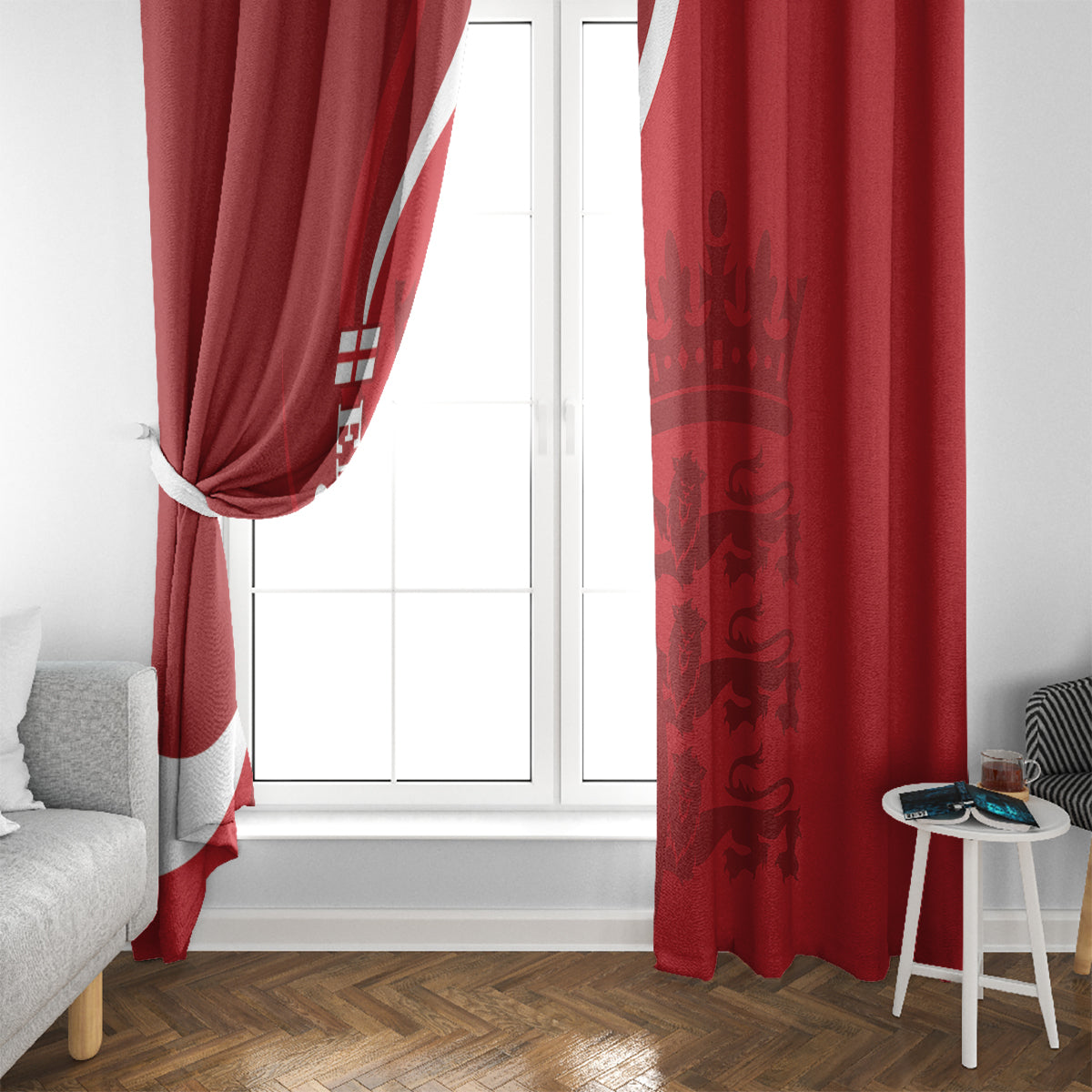 Red England cricket curtains at window with vertical white text and crest, gathered drape