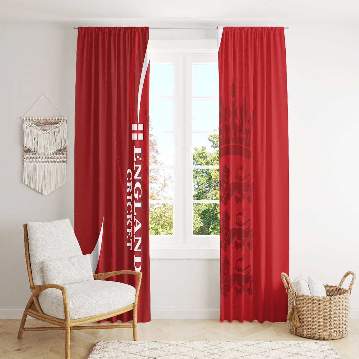 Red England cricket window curtains with vertical white text and crest, front view of fabric
