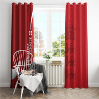 Red England cricket curtains with vertical white text and crest, mounted with top tabs