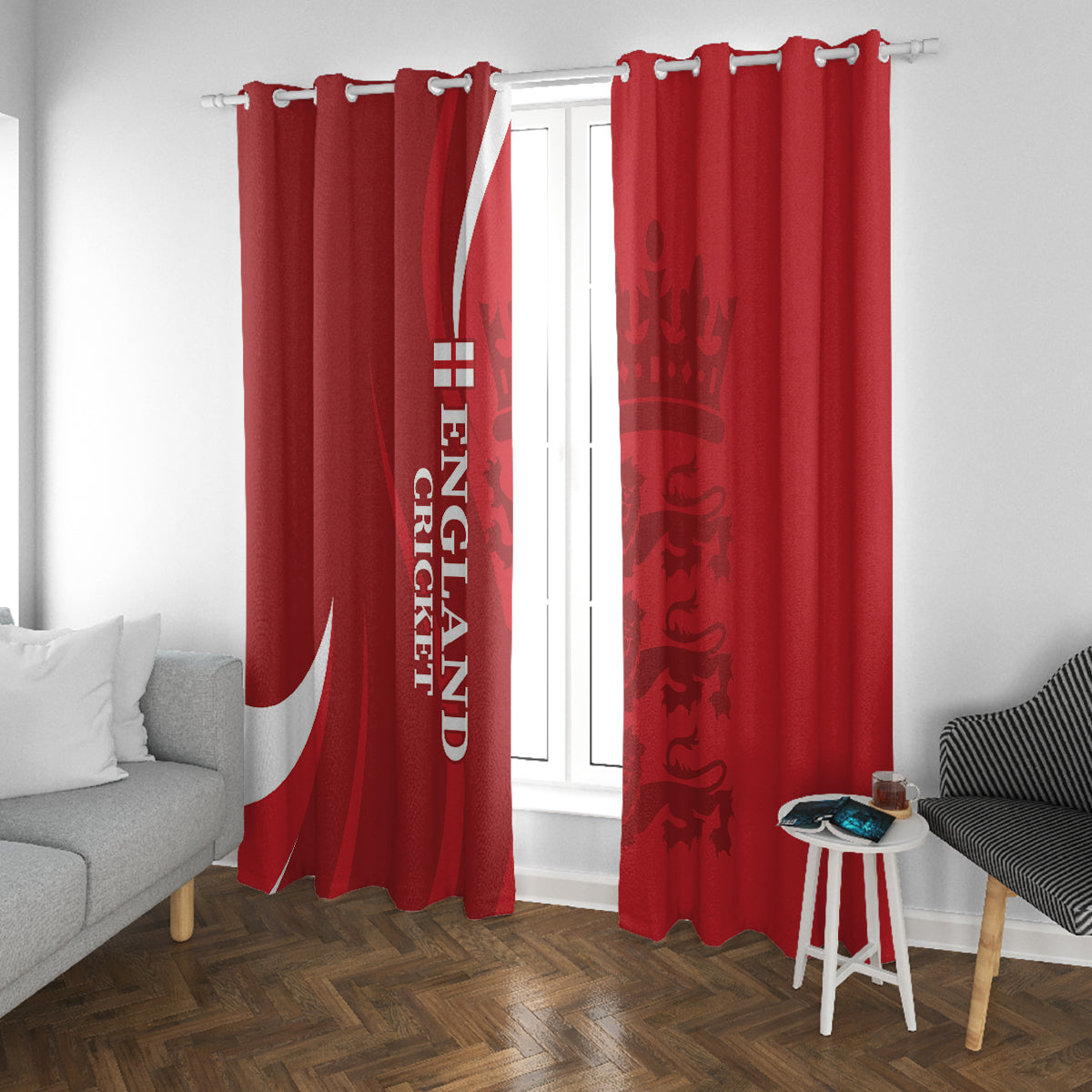 Red England cricket curtains with white vertical text and crest, paired panels with hooks