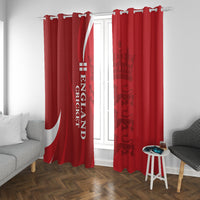 Red England cricket curtains with white vertical text and crest, paired panels with hooks