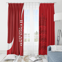 Red England cricket window curtains with white vertical text and crest, bed-side styling