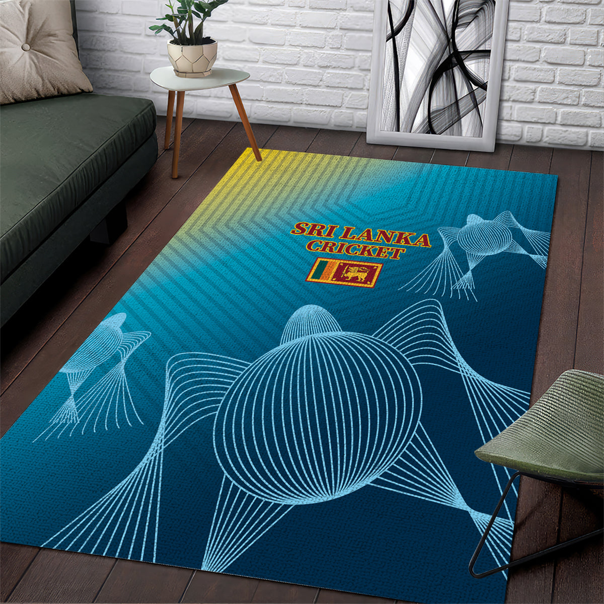 Blue cricket area rug with large lion line-art, “SRI LANKA CRICKET” and yellow logo