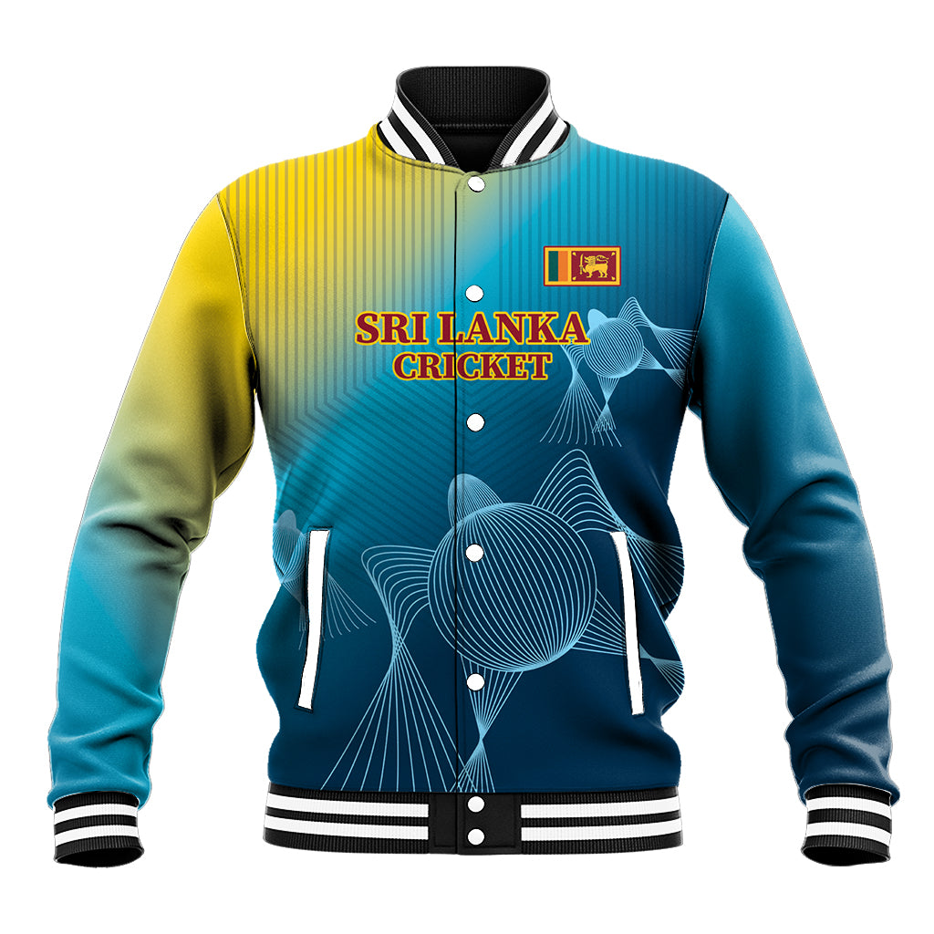 Blue varsity baseball jacket, ribbed collar and cuffs, front logo with Sri Lanka Cricket graphic