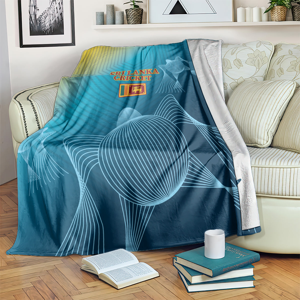 Sri Lanka Cricket blanket, blue with white line art and “Sri Lanka Cricket” logo center