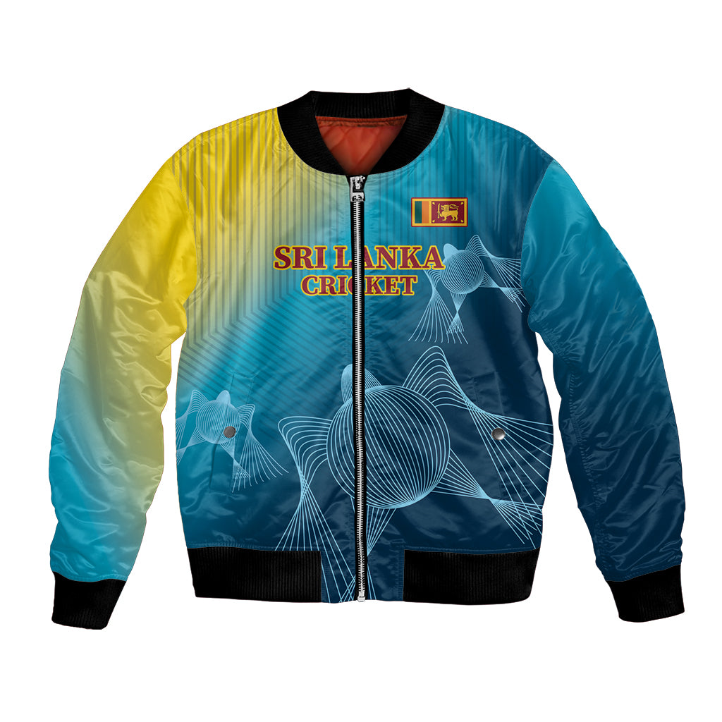 Unisex custom cricket bomber jacket with full zip, blue-yellow gradient, Sri Lanka graphics