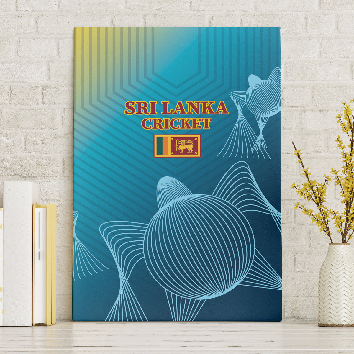 Blue Sri Lanka Cricket canvas wall art with centered logo and large abstract sphere lines