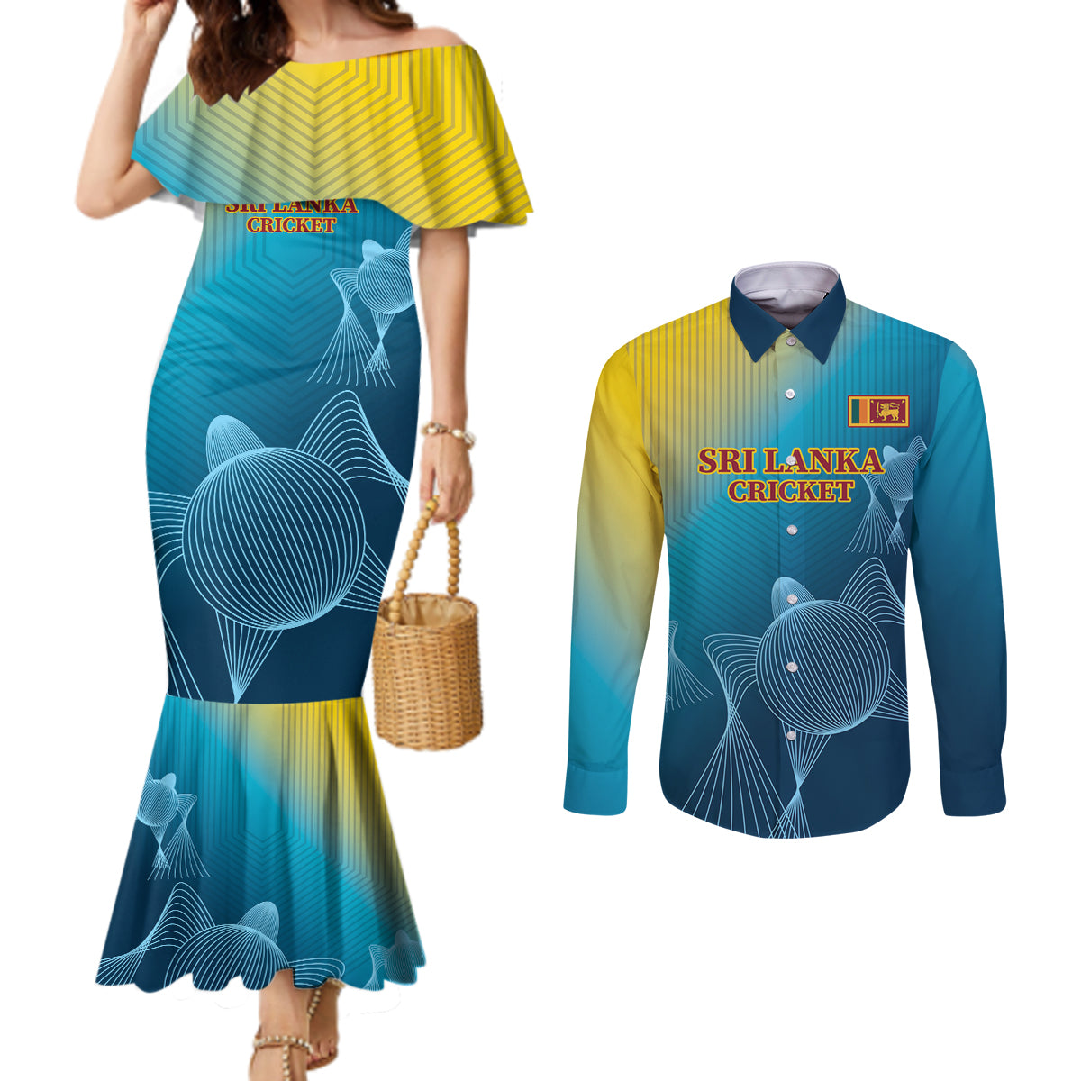 Custom Sri Lanka Cricket Couples Matching Mermaid Dress and Long Sleeve Button Shirt 2024 World Cup Go The Lions