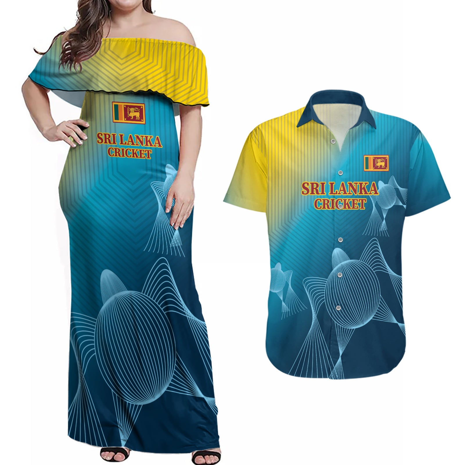 Custom Sri Lanka Cricket Couples Matching Off Shoulder Maxi Dress and Hawaiian Shirt 2024 World Cup Go The Lions - Wonder Print Shop