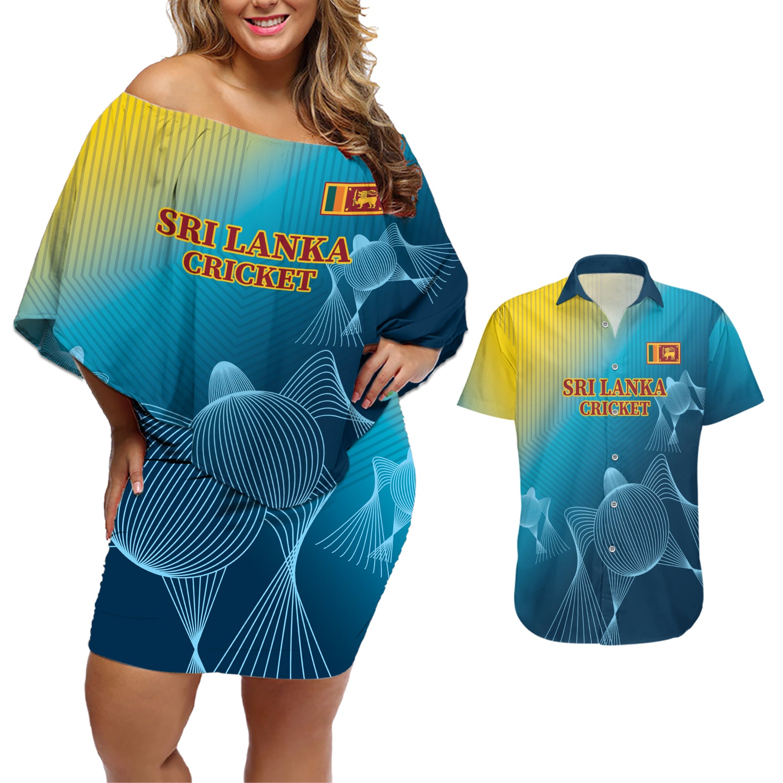 Custom Sri Lanka Cricket Couples Matching Off Shoulder Short Dress and Hawaiian Shirt 2024 World Cup Go The Lions - Wonder Print Shop