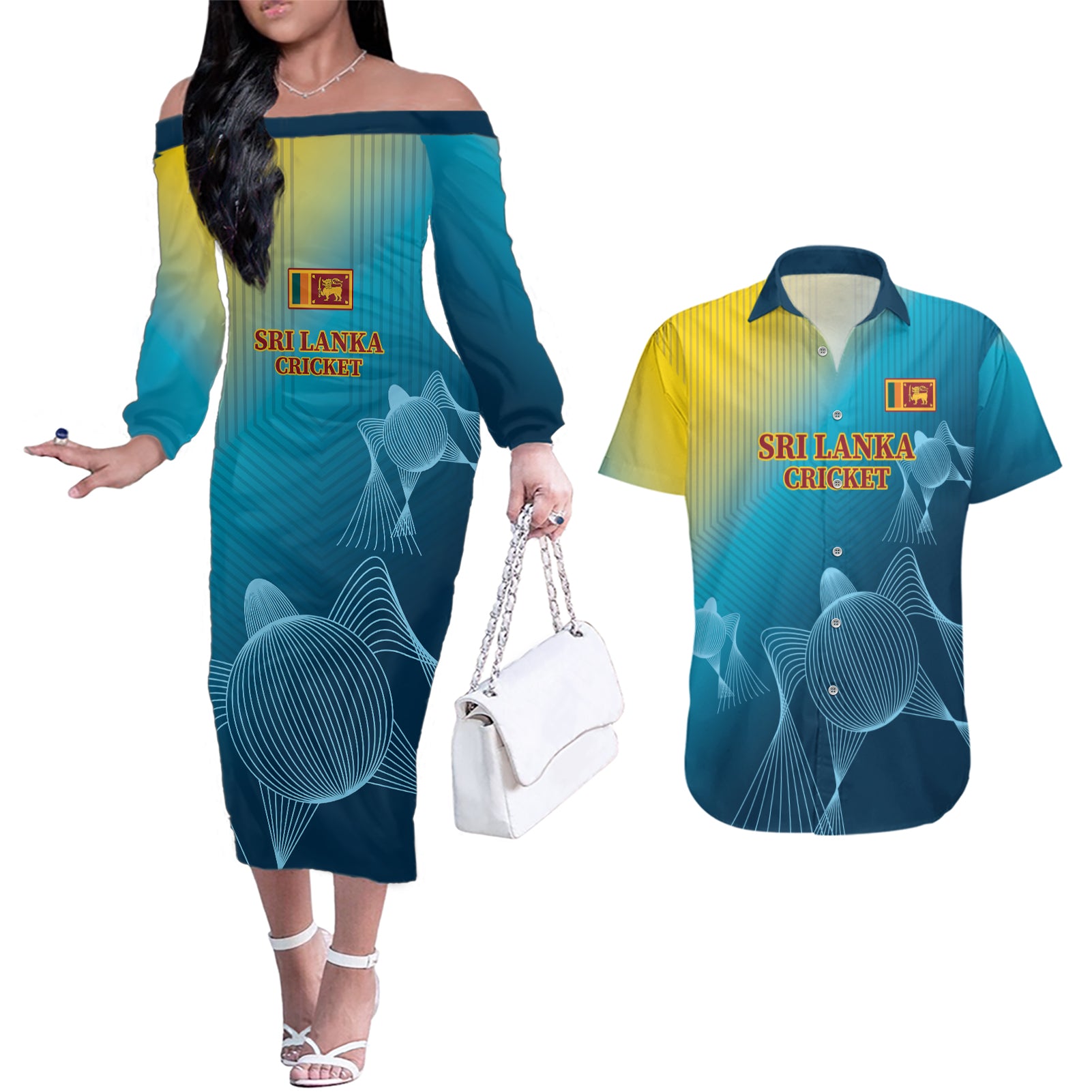 Custom Sri Lanka Cricket Couples Matching Off The Shoulder Long Sleeve Dress and Hawaiian Shirt 2024 World Cup Go The Lions - Wonder Print Shop