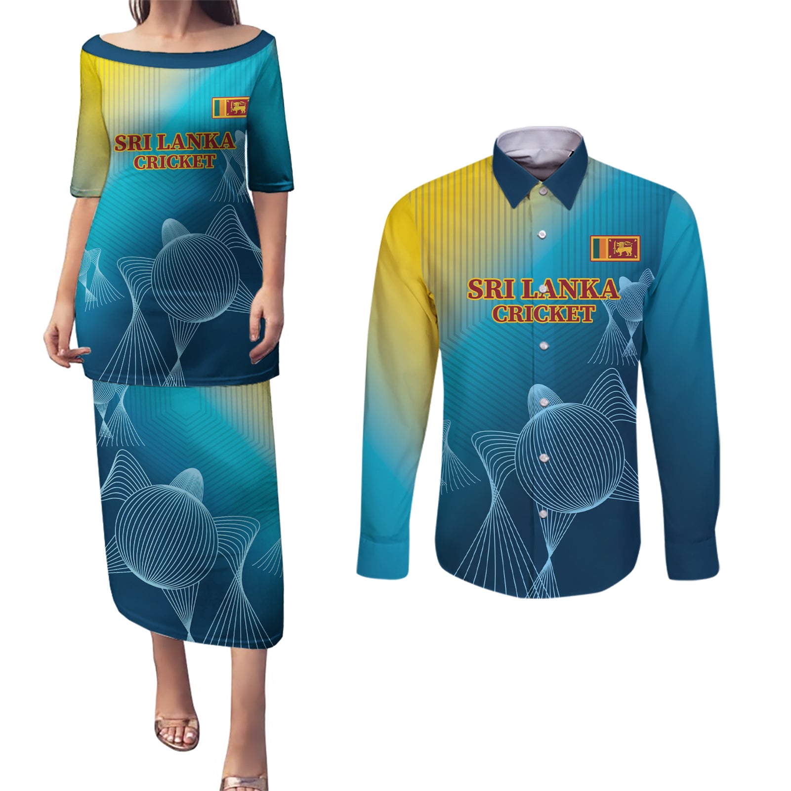 Custom Sri Lanka Cricket Couples Matching Puletasi and Long Sleeve Button Shirt 2024 World Cup Go The Lions - Wonder Print Shop