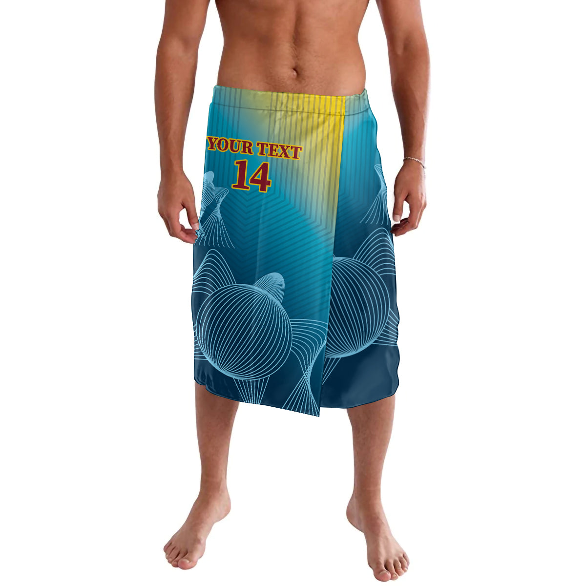 Blue and yellow printed lavalava shorts, "Your Text 14" on front with circular pattern.