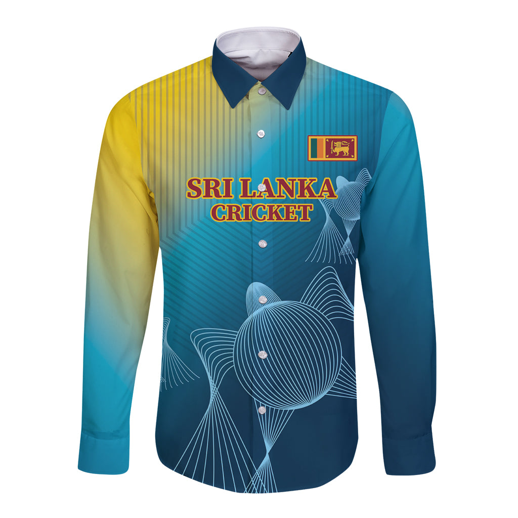 Blue gradient long-sleeve button shirt with Sri Lanka Cricket front graphic
