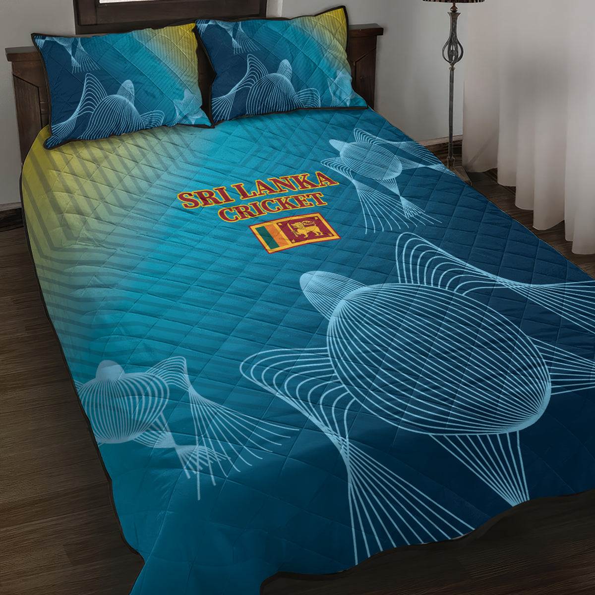 Blue quilt bed set with Sri Lanka Cricket crest and large white wave swirl motif