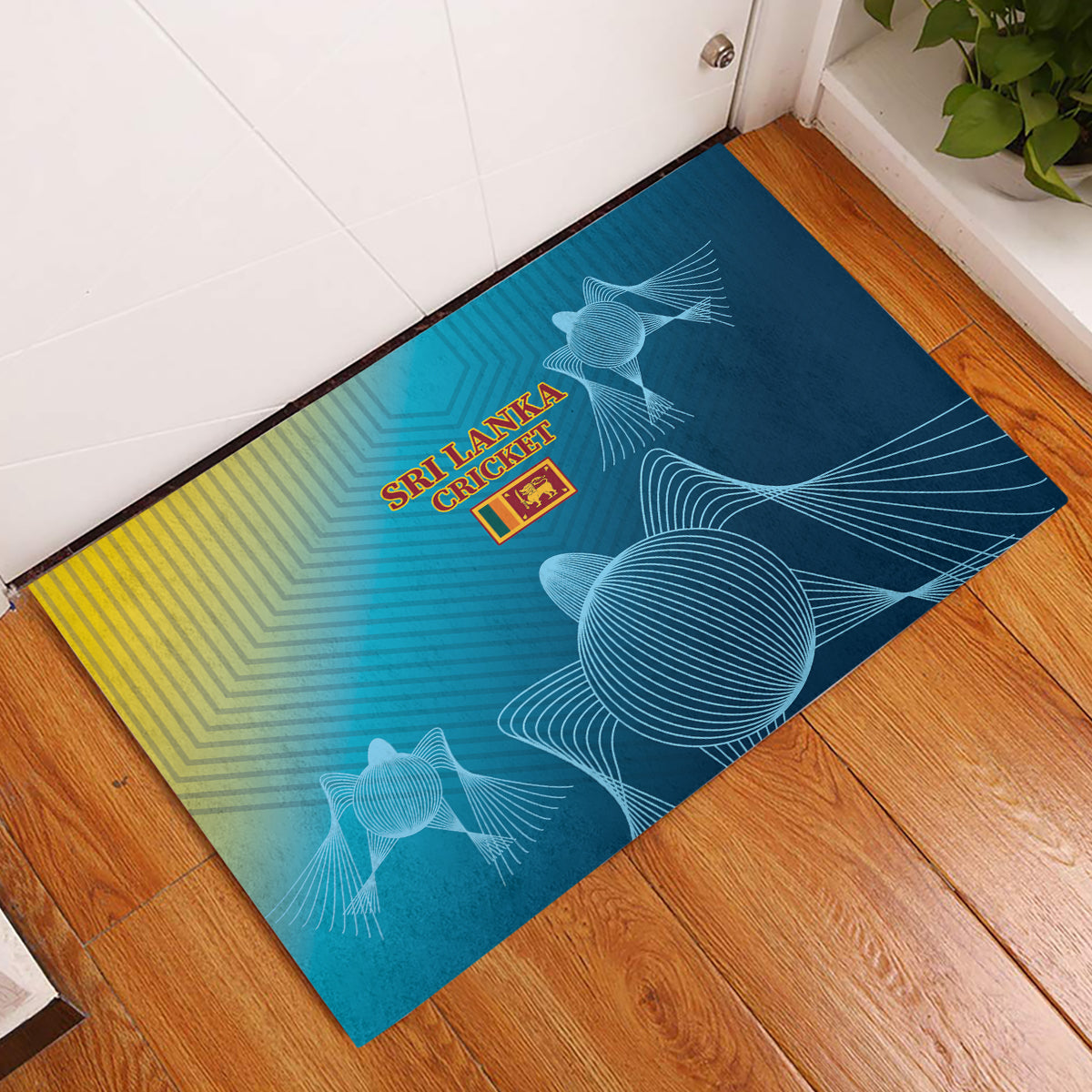 Blue rubber doormat with Sri Lanka Cricket logo and lion-themed line art