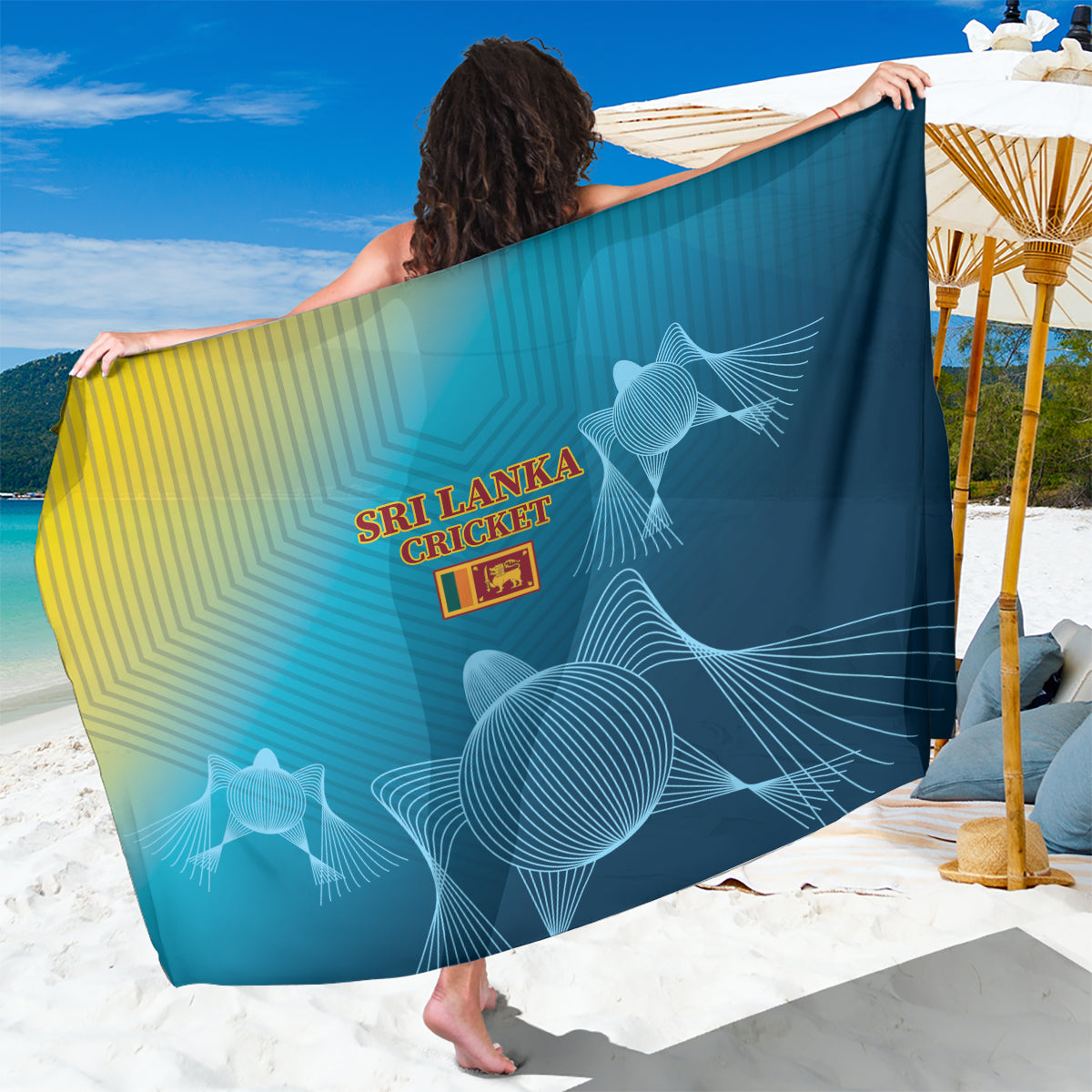 Blue Sri Lanka Cricket sarong with lion crest and light geometric wave pattern