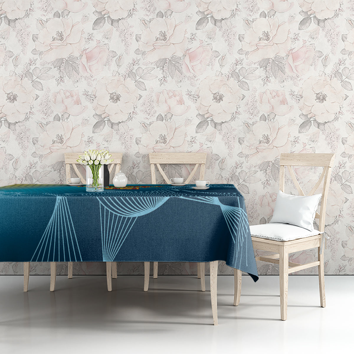 Blue cricket tablecloth with pale arc and wave lines across tabletop