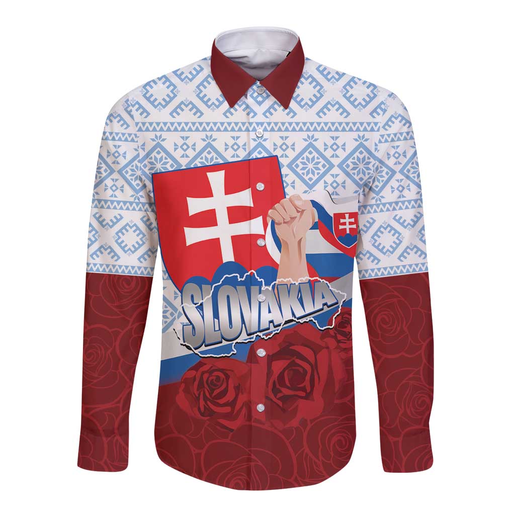 Slovakia Independence Day Long Sleeve Button Shirt Slovak Map With Rosa Slavic Pattern
